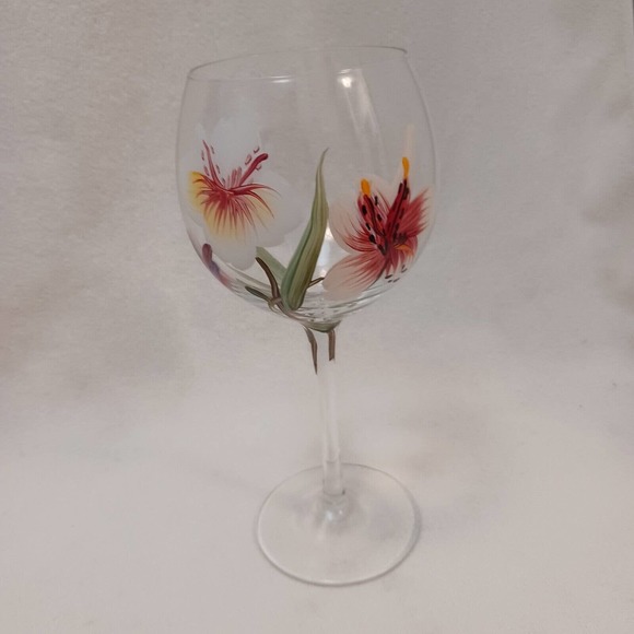 9" Goblet HAND PAINTED WINE GLASS Hawaiian Hibiscus Lilly Flowers - Picture 8 of 15